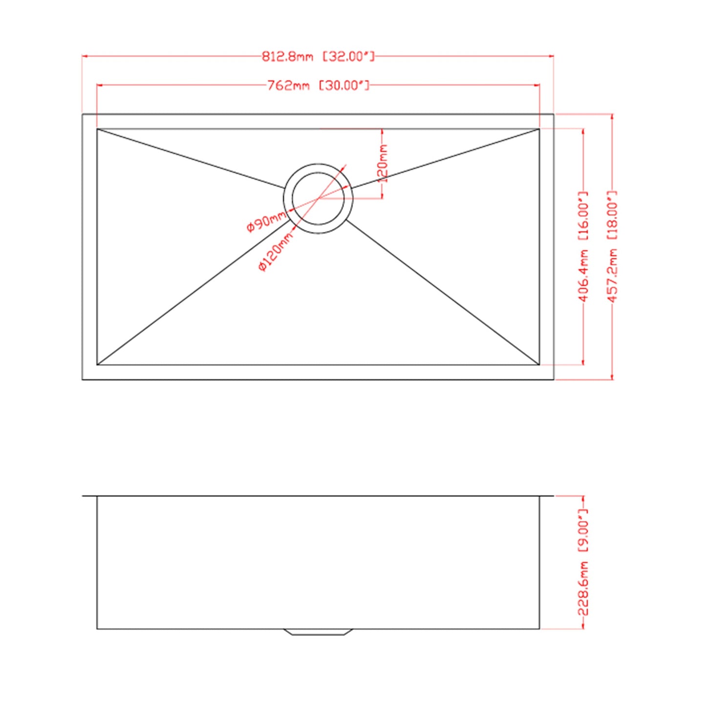 Undermount Kitchen Sink - 32"x18"x9" Stainless Steel