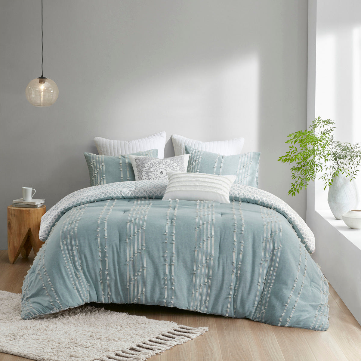 3 Piece Cotton Jacquard Comforter Set Aqua Full/Queen
