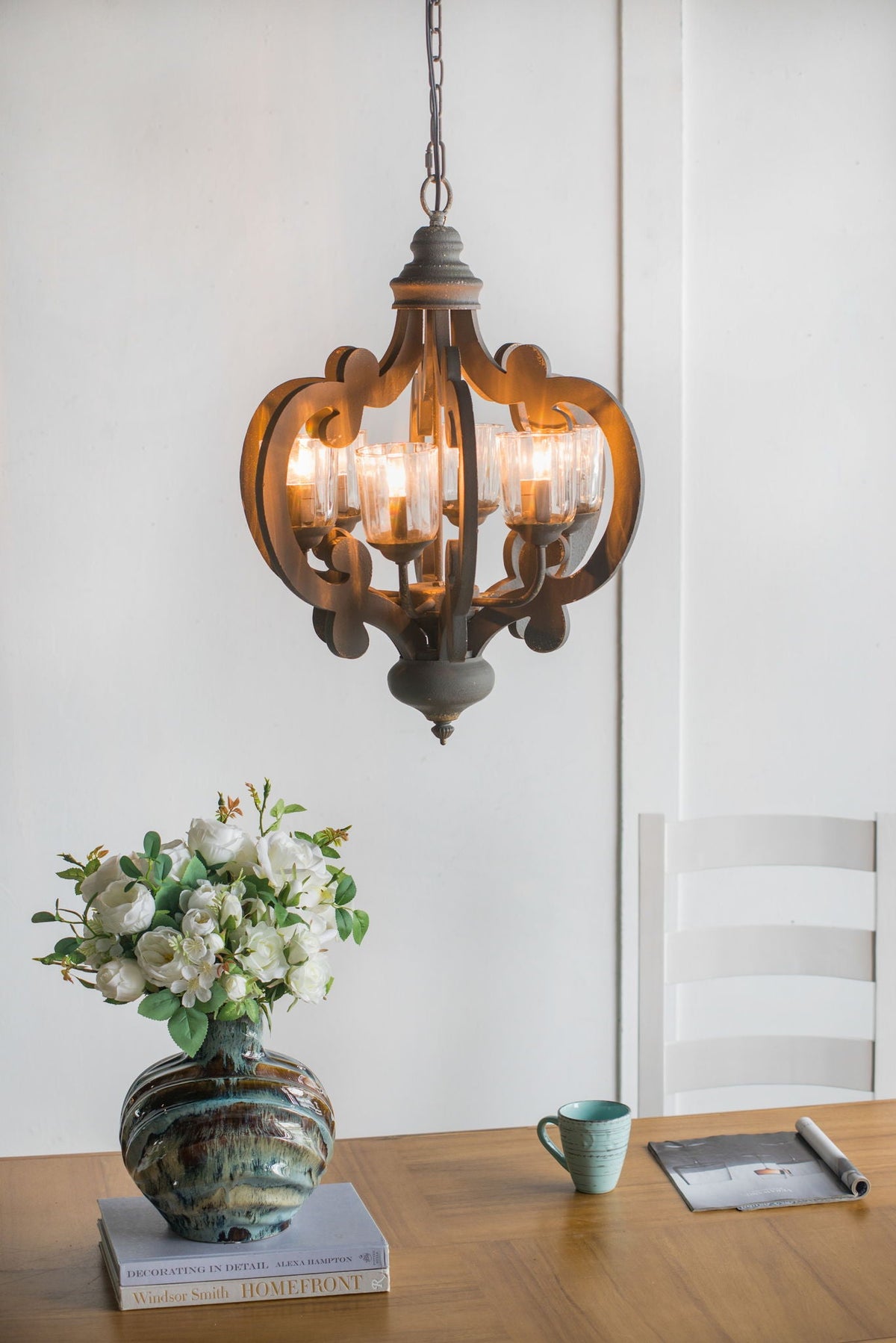 Farmhouse Chandelier, 6 Light Wood Chandelier Pendant Light Fixture With Adjustable Chain For Dining Room - view 13