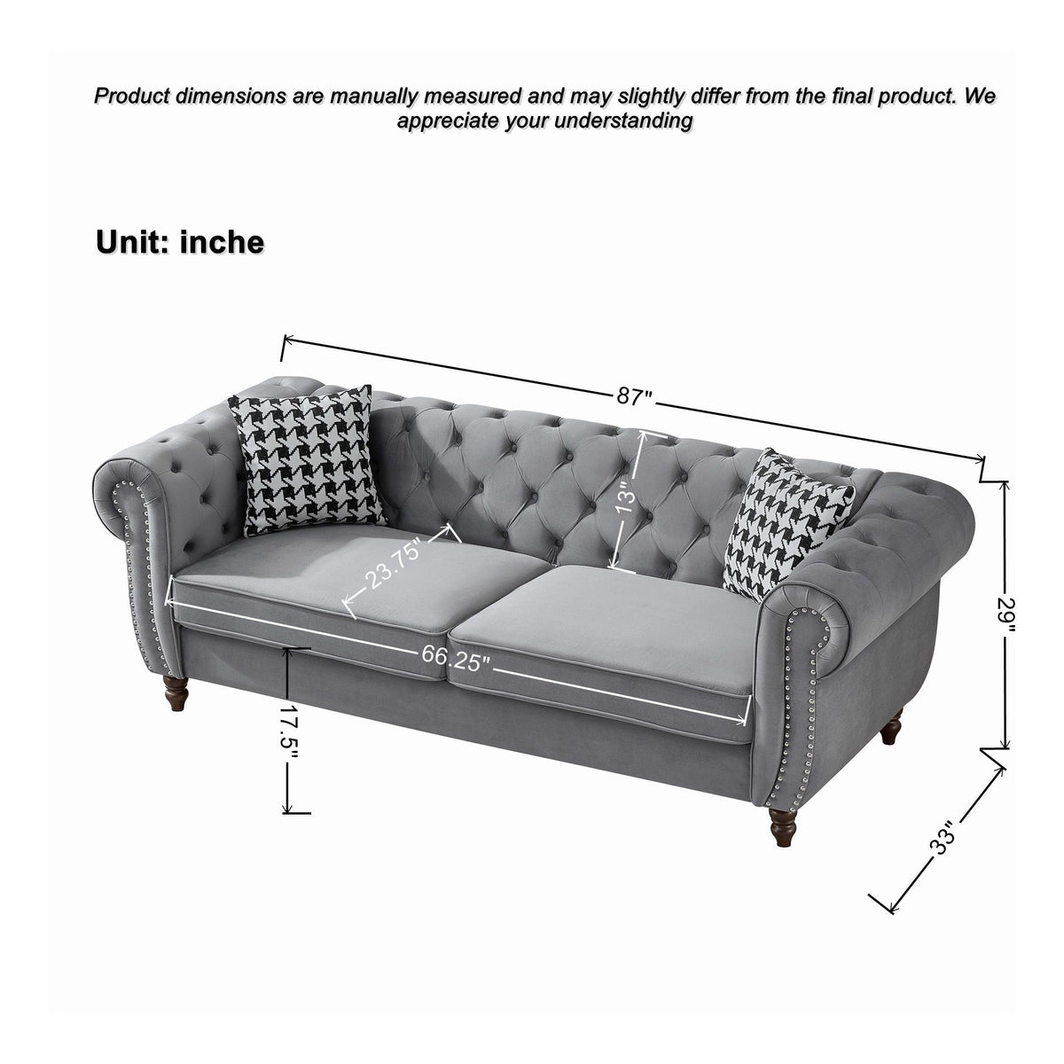 Chesterfield Upholstery Fabric Sofa With Roll Armrest & Nailhead, Mid Century Modern 3 And 3 Seater Couch - view 4