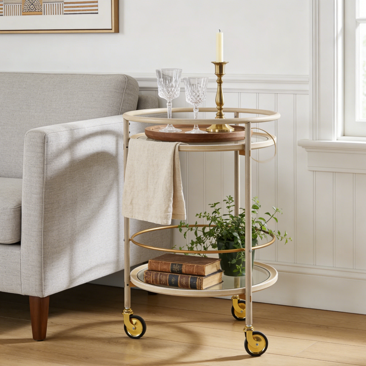 Round Bar Cart with Tempered Glass Shelves