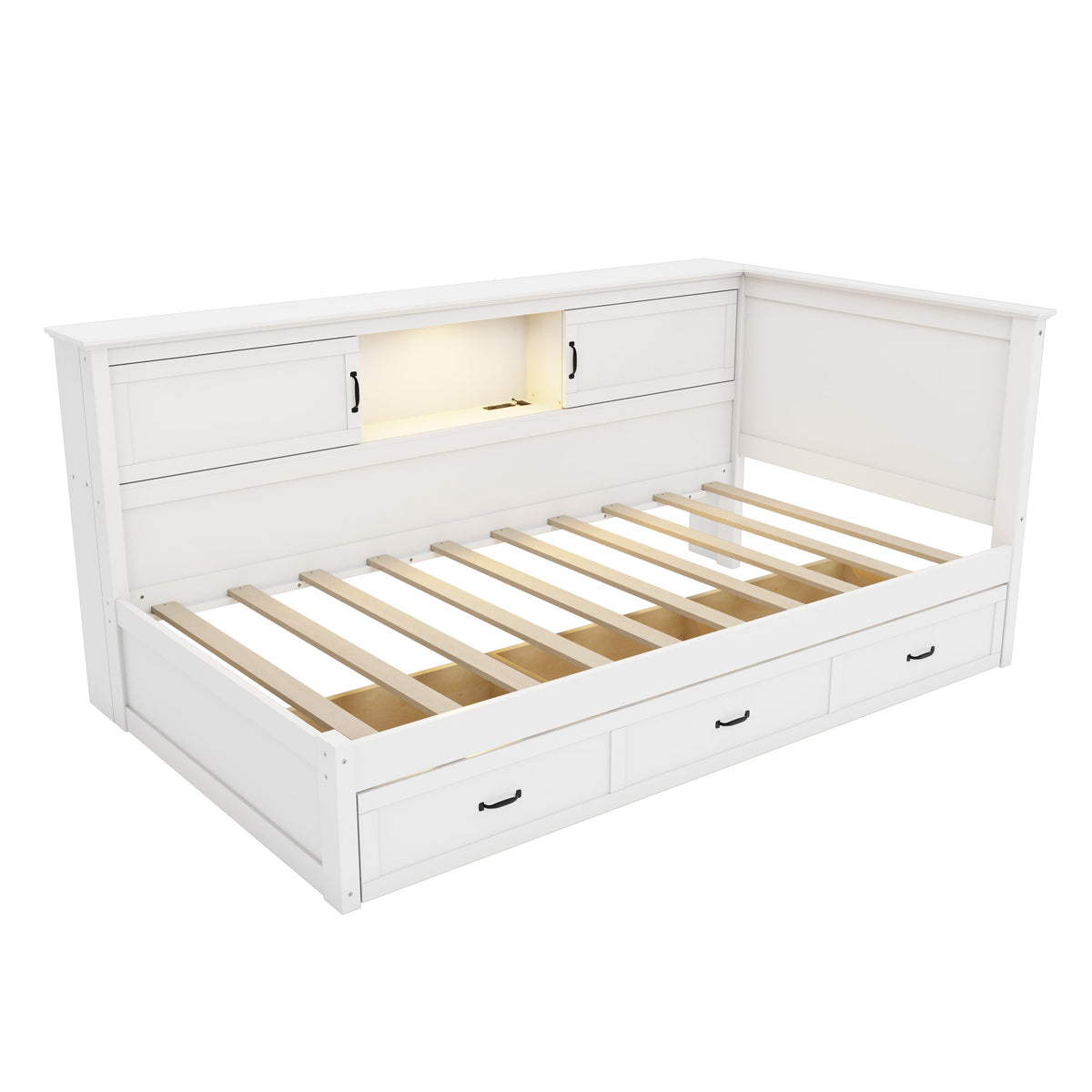 L-Shaped Bed Frame with Drawer and Bookcase