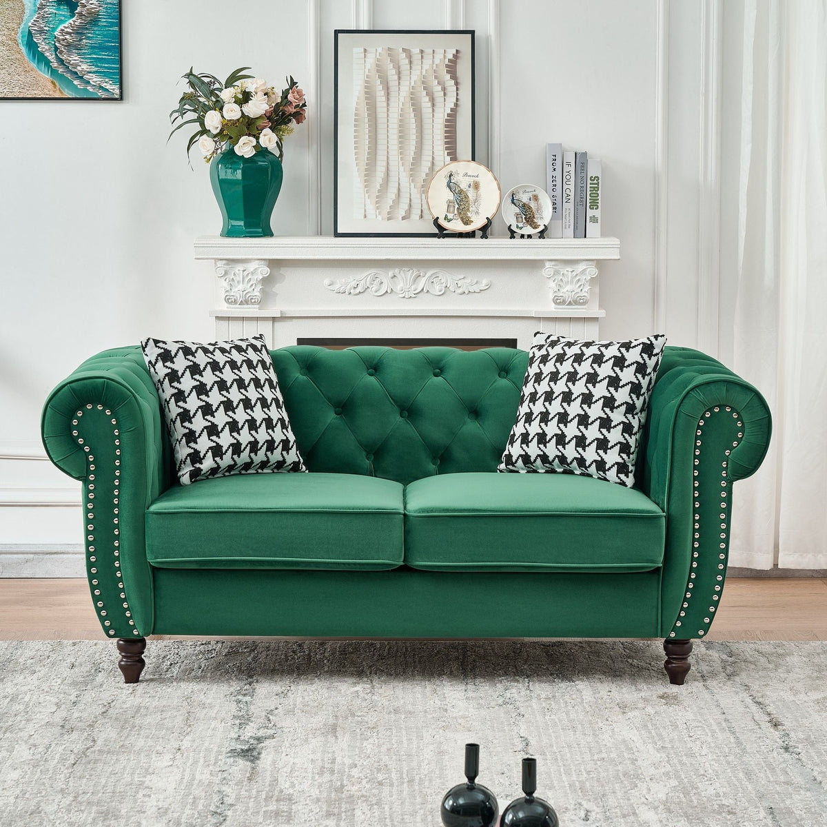 Chesterfield Fabric Sofa With Roll Armrest And Nailhead, Mid Century 2 Seater Couch - view 4