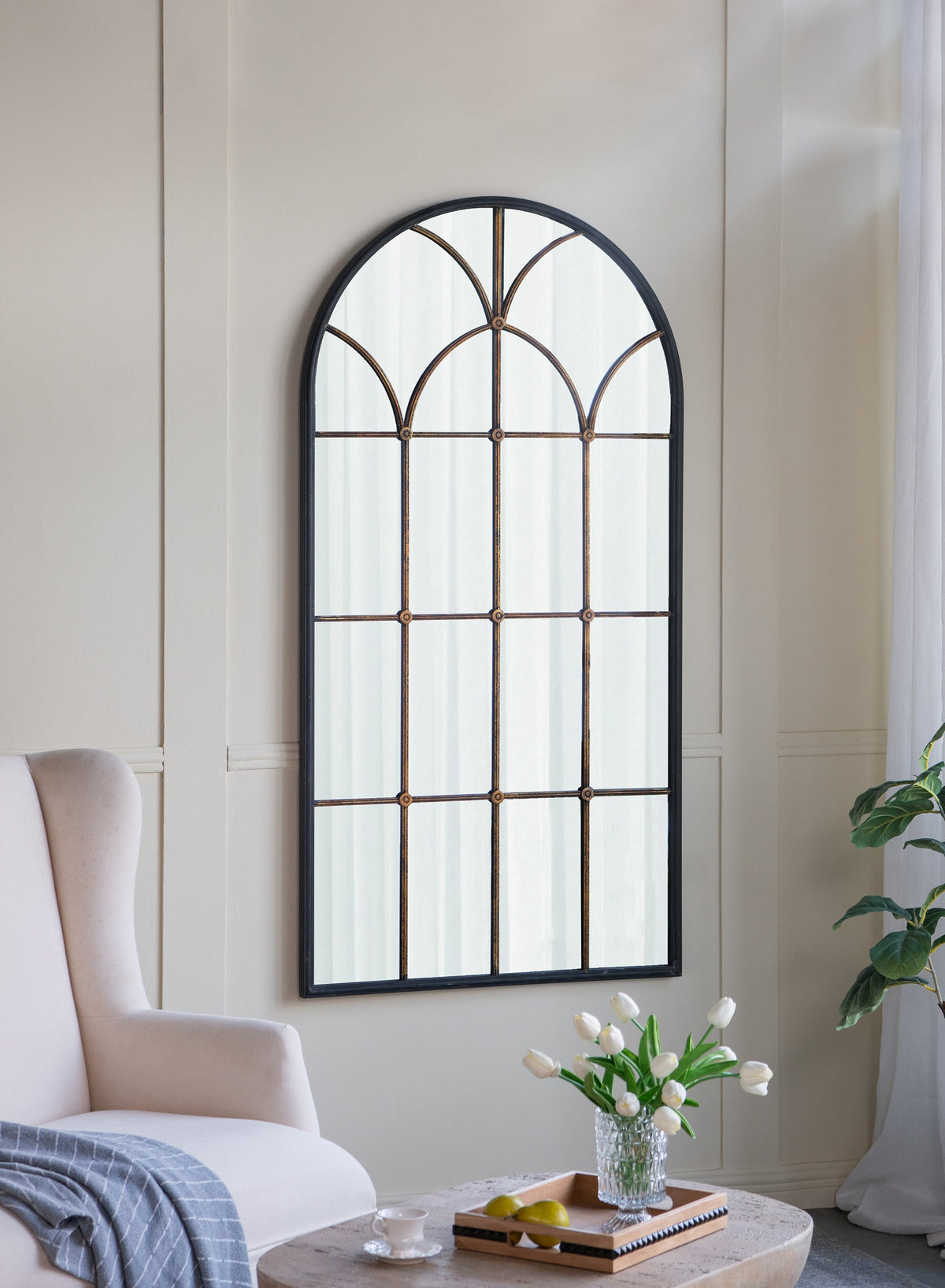 34x65.5' Arched Full-Length Mirror with Black and Gold Windowpane Design