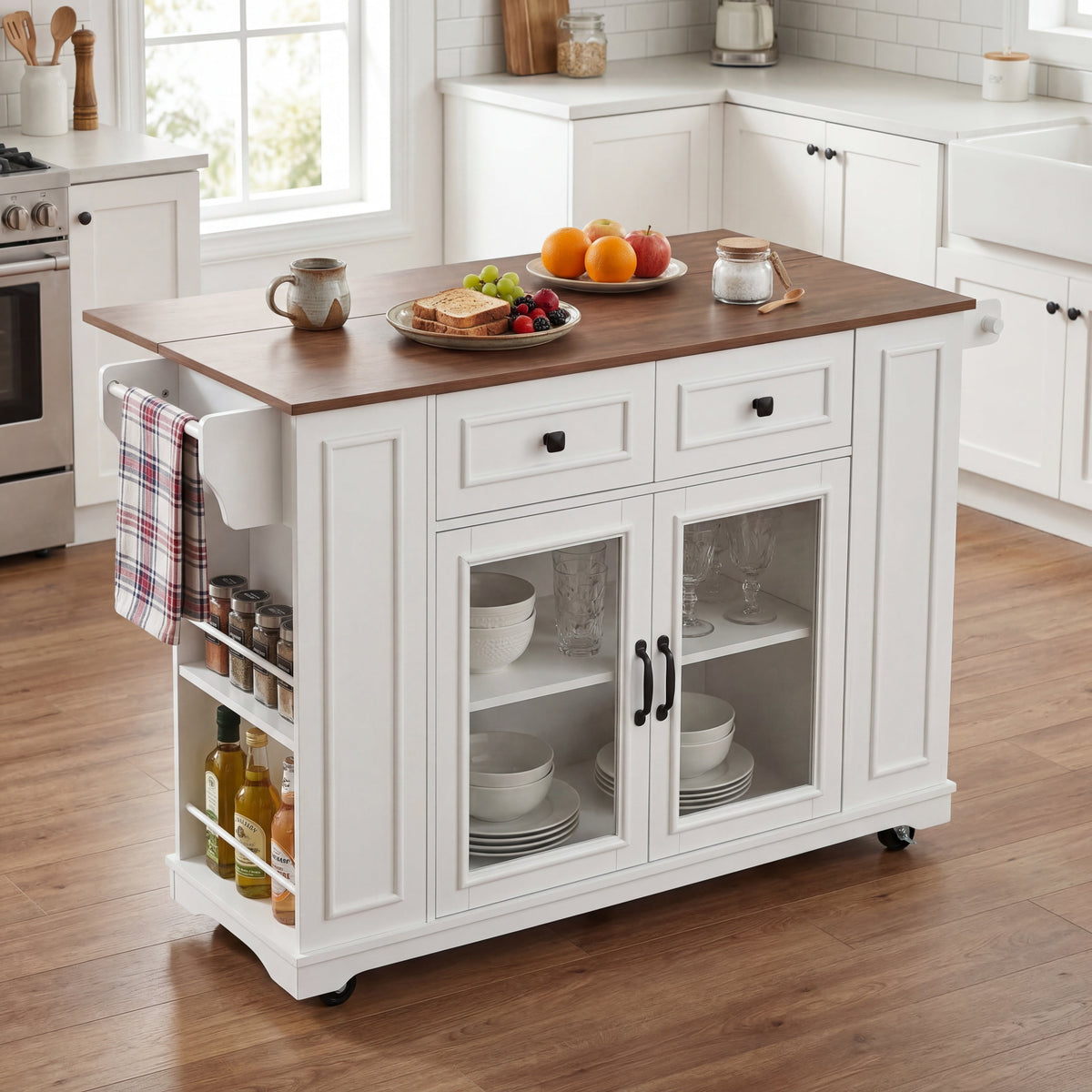 54" Mobile Kitchen Island with Glass Door Storage