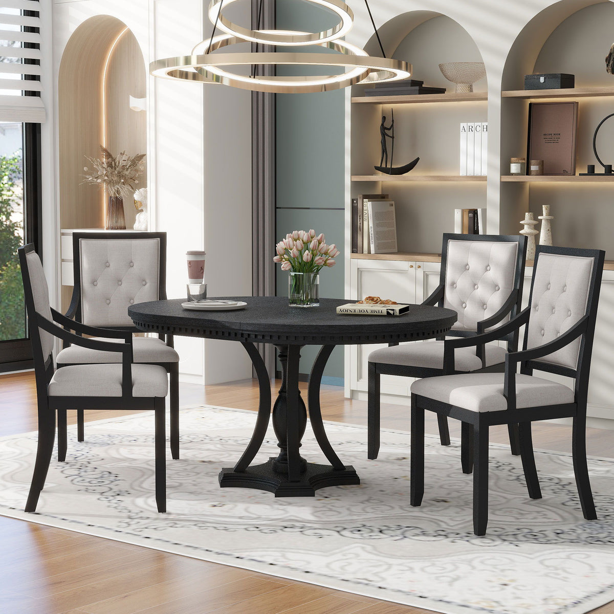 5 Piece Dining Set Extendable Round Table And 4 Chairs - Black / Oak - view 3