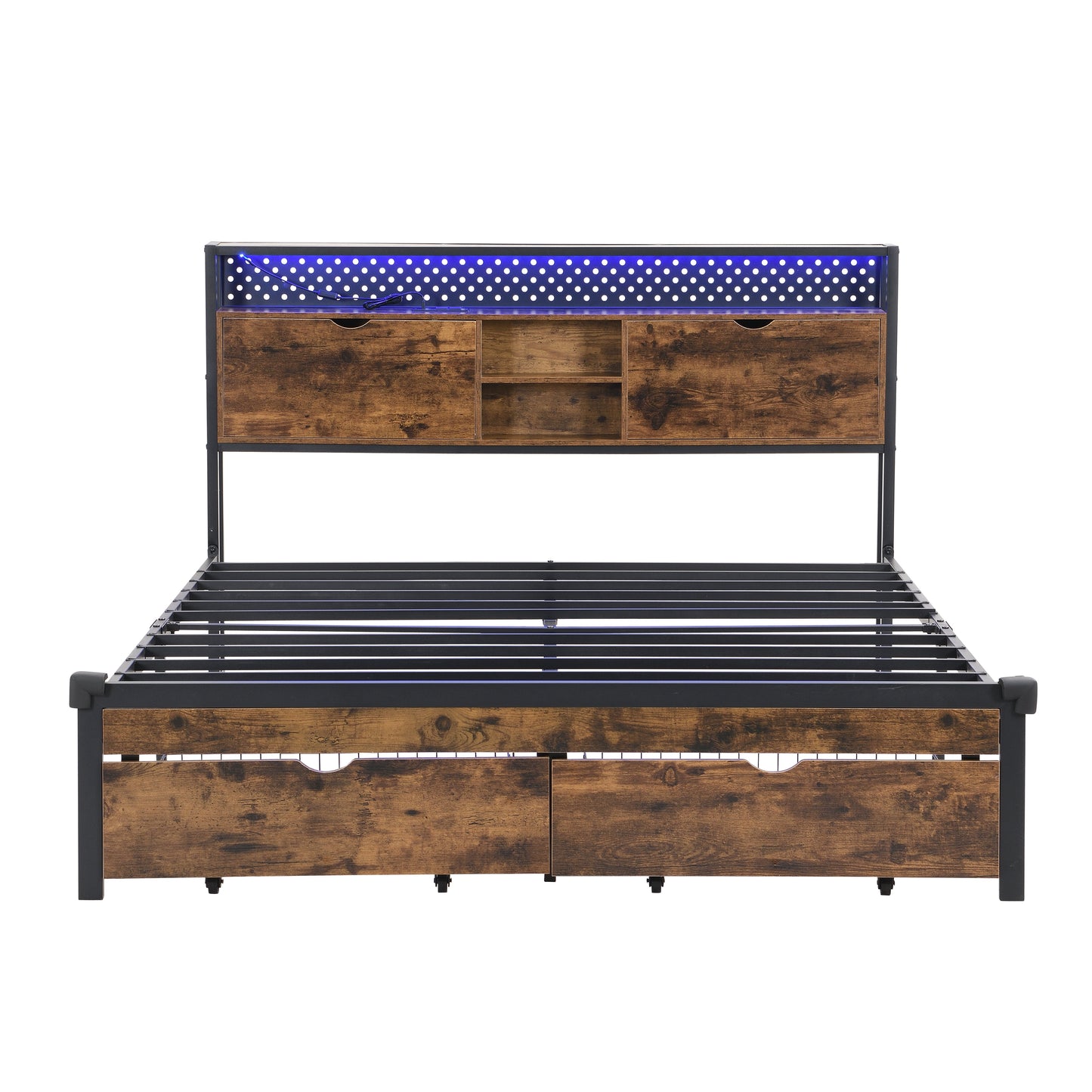 Full Size Metal Platform Bed Frame with Wooden Headboard and USB Charging