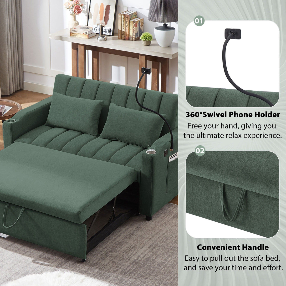 Convertible Sofa Bed Loveseat Sofa With Three USB Ports, Two Side Pockets, Two Cup Holders And 360° swivel - view 7