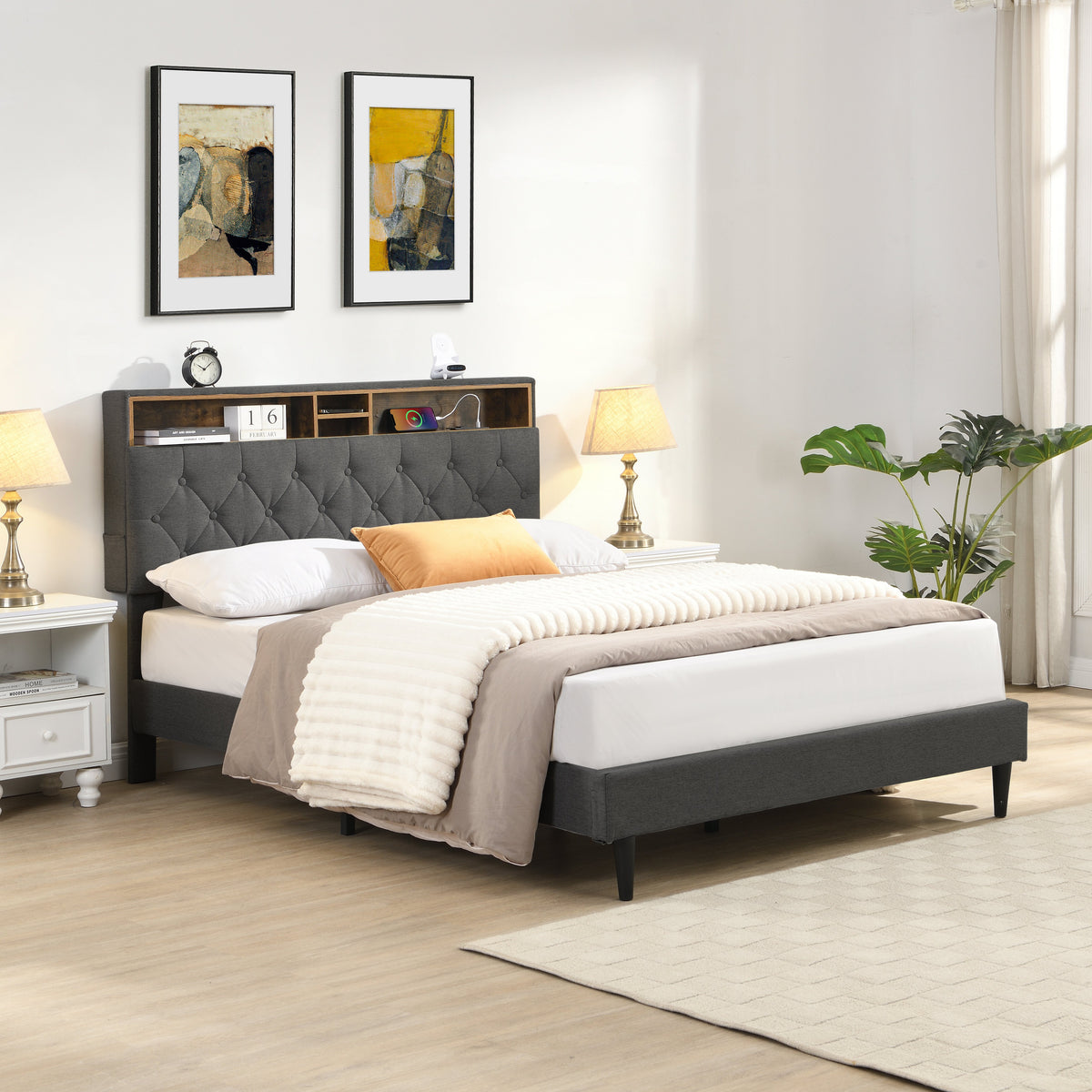 Queen-Size Upholstered Platform Bed Frame