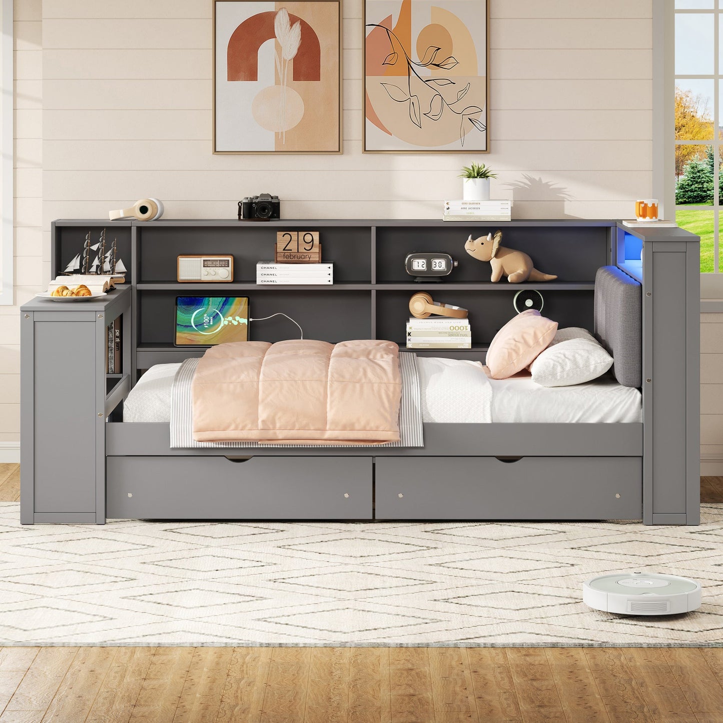 Wood Twin Size Platform Bed with Storage Shelves and Charging Station