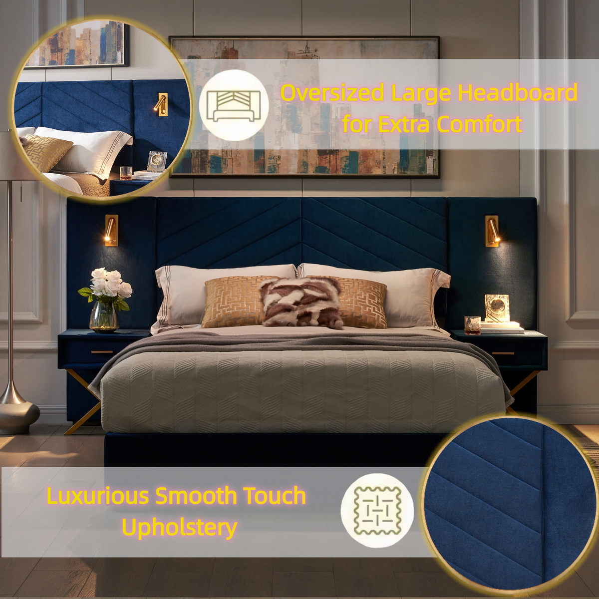 Queen Size Velvet Bed Frame with Wingback Headboard