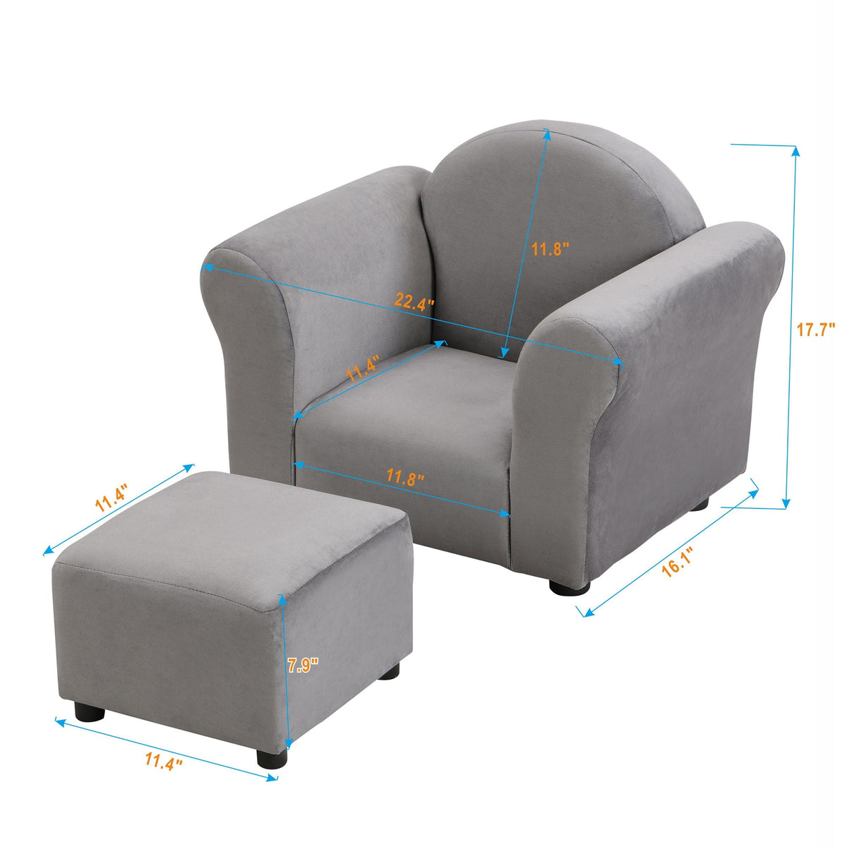 Kids Recliner Chair, Kids Upholstered Couch With Ottoman - Gray - view 6
