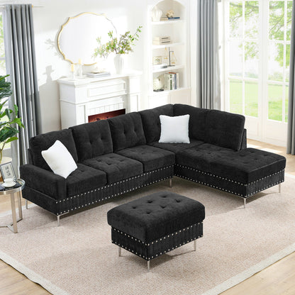 L-Shaped Chenille Sectional Sofa with Chaise and Storage Ottoman