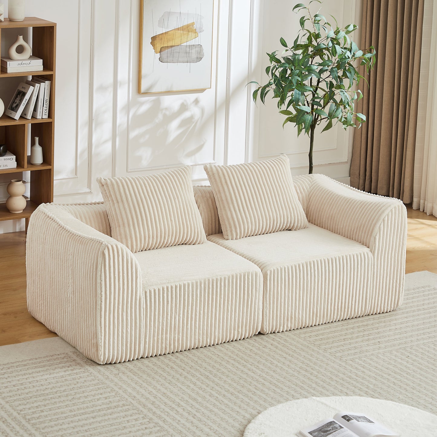 Minimalist Corduroy Sofa Featuring Curved Lines