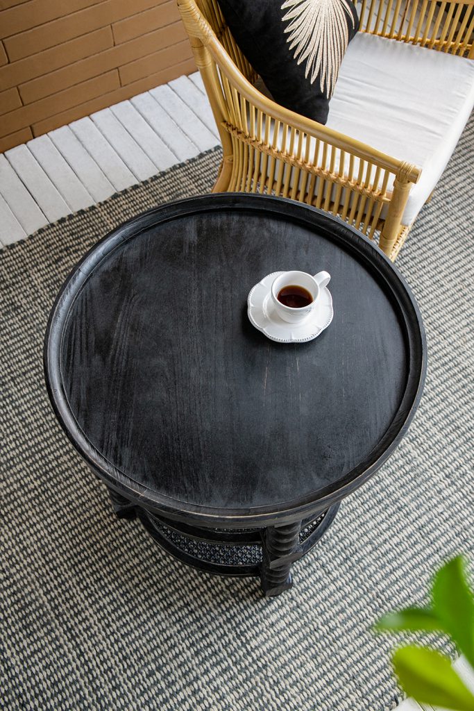 Round Three Tiered Side Table with Rattan Shelf