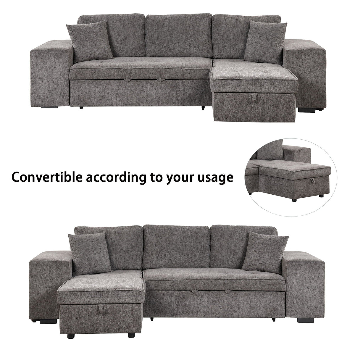 Modern L-Shape 3 Seat Reversible Sectional Couch, Pull Out Sleeper Sofa With Storage Chaise And 2 Stools For - view 10