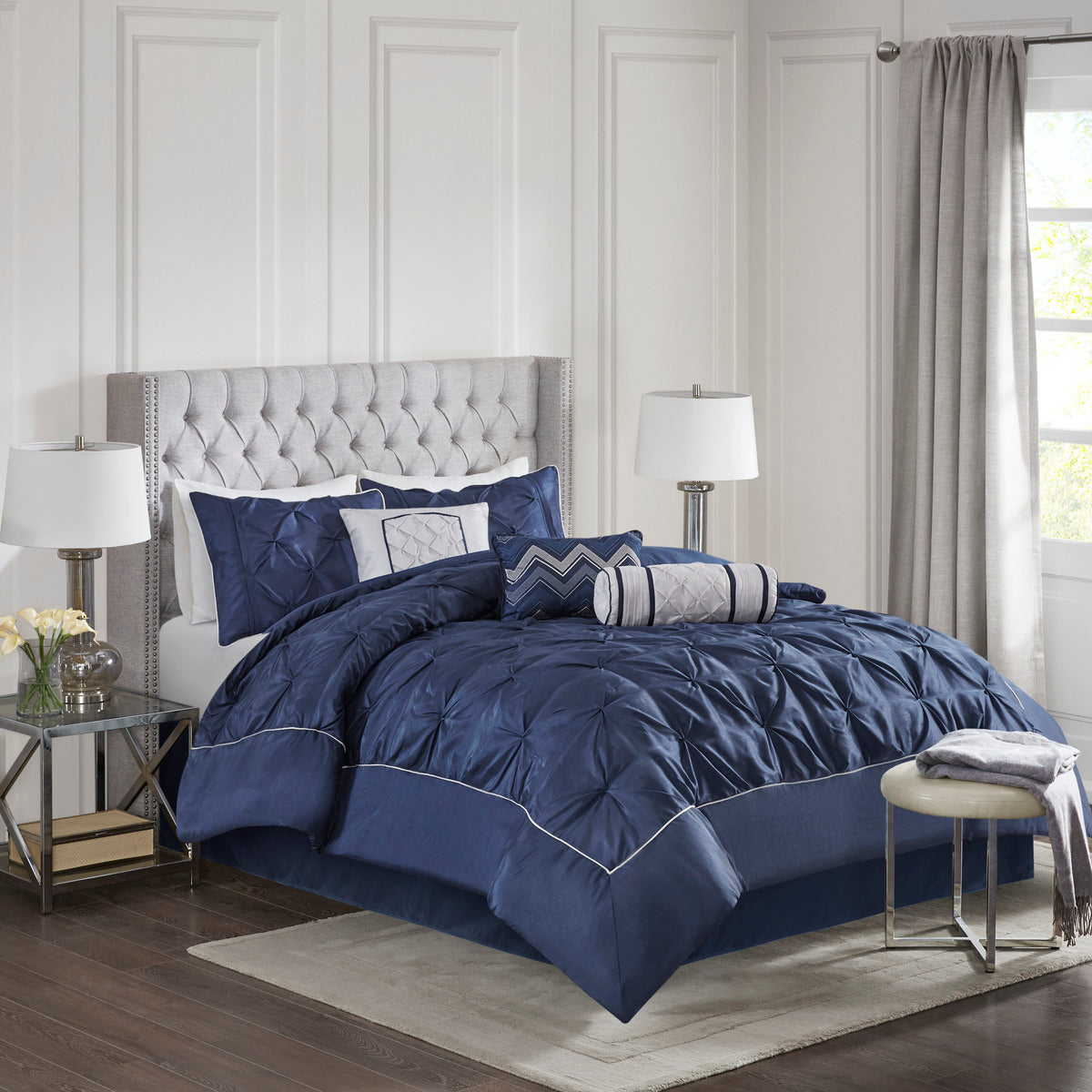 7 Piece Tufted Comforter Set Navy California King