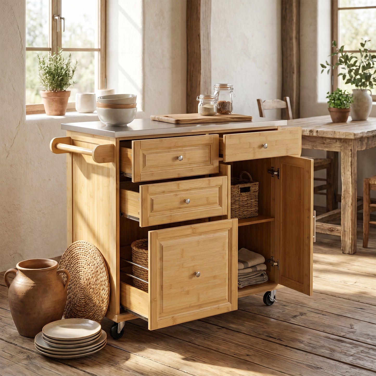 Indoor Bamboo Rolling Kitchen Island with Stainless Steel Top