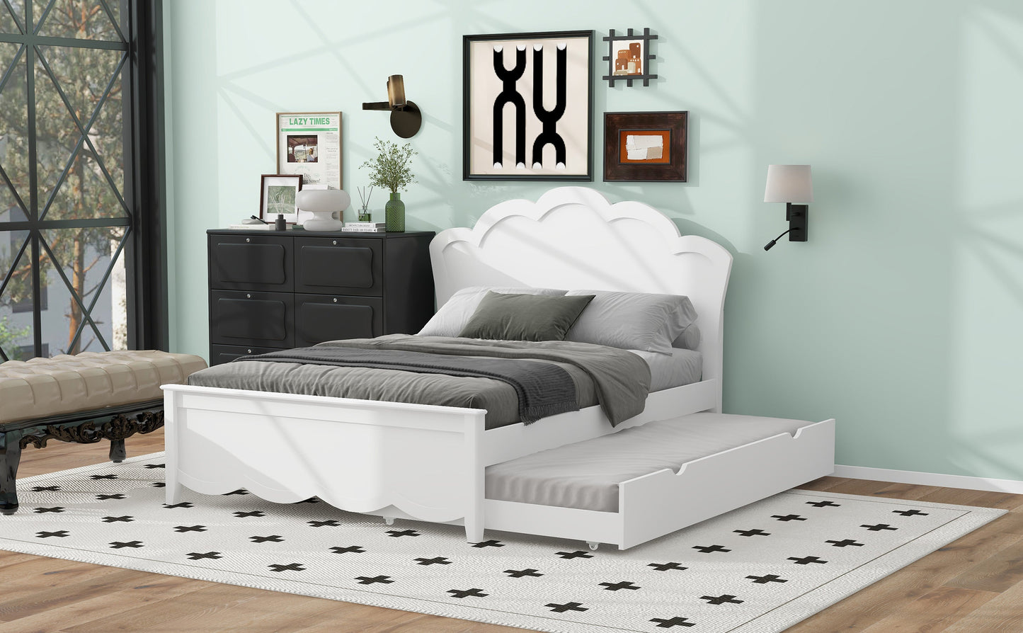 Full Size Wood Platform Bed with Headboard and Twin Size Trundle
