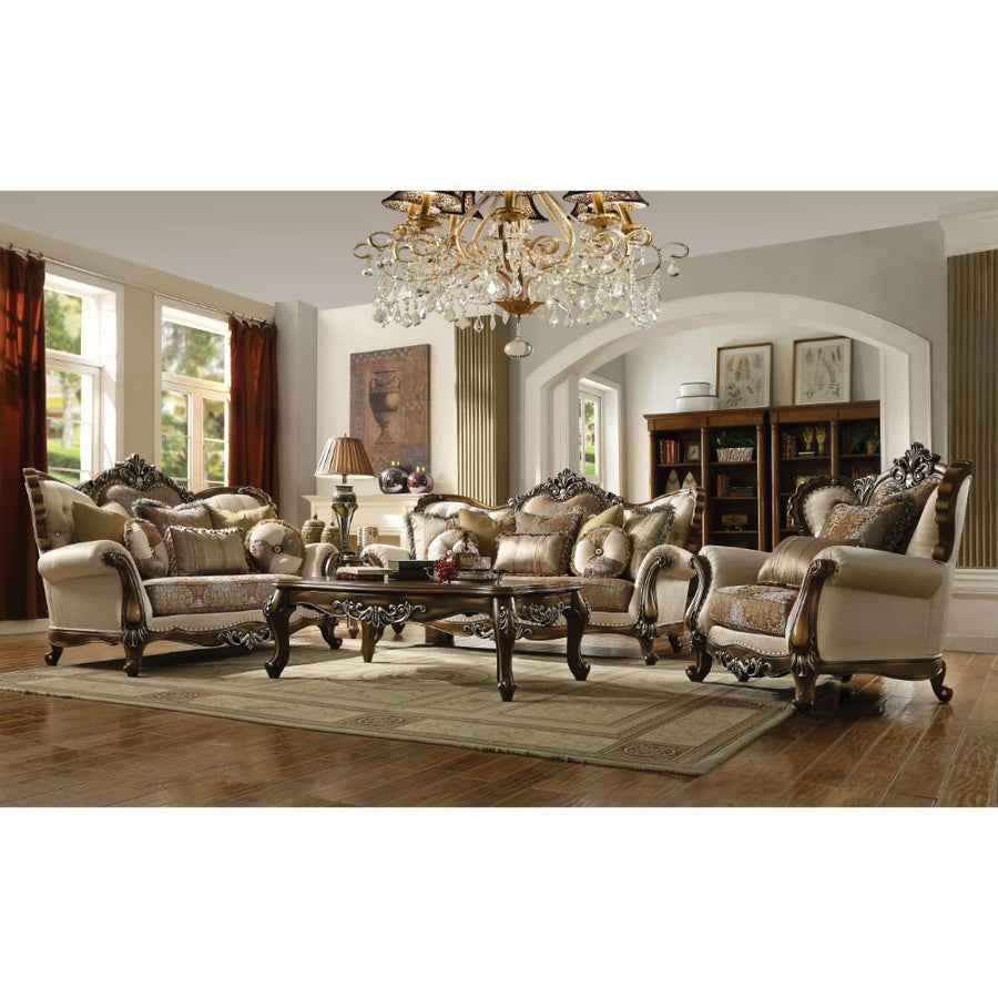 Latisha - Loveseat With 6 Pillows (Same Lv01577) - Tan, Pattern Fabric & Antique Oak