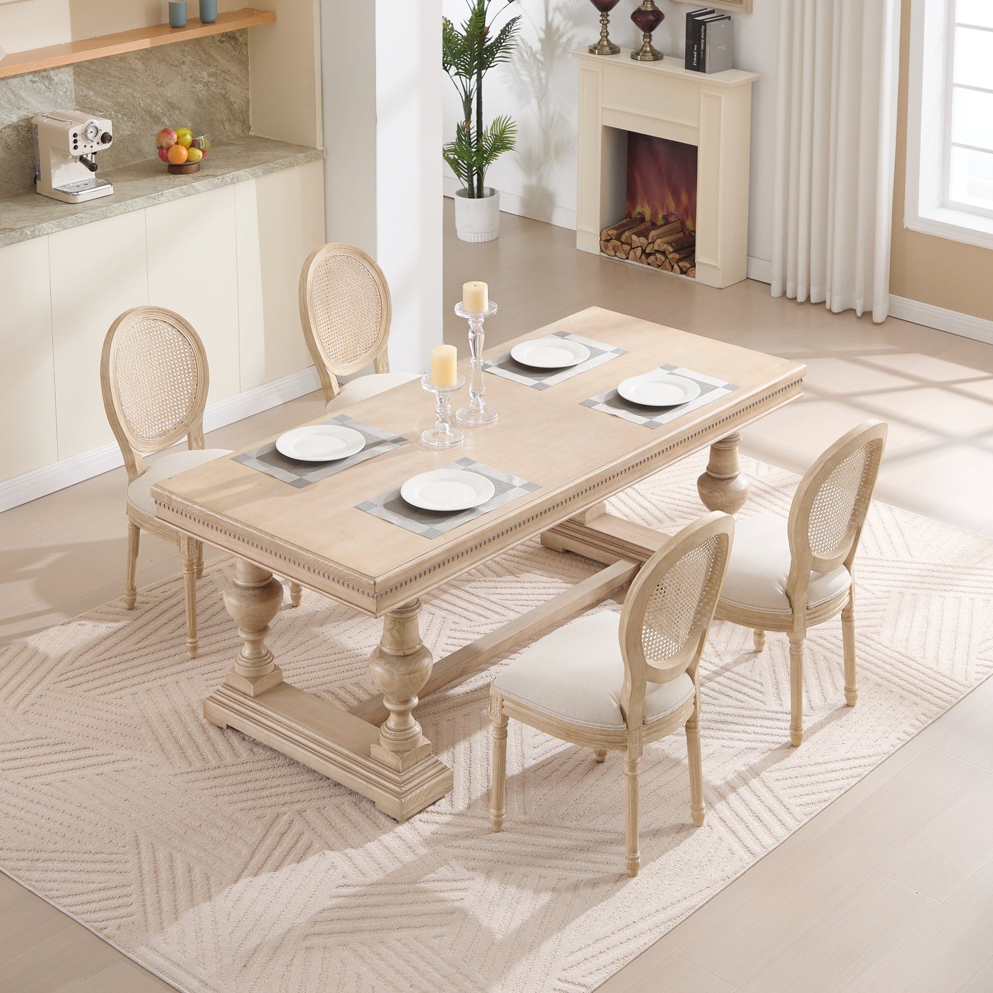 French Country Dining Chairs Set of 2 Upholstered with Rattan Back