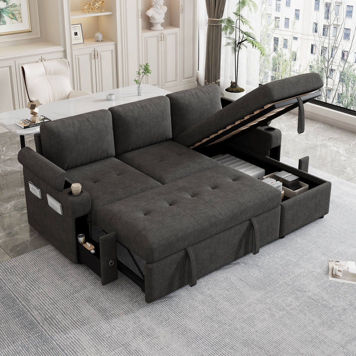 Convertible L Shaped Sofa Couch With Storage, Cup Holders, USB Ports - view 9