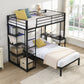 Metal Loft Bed Frame with LED Light Strip, Side Storage Shelves & Built-in Desk