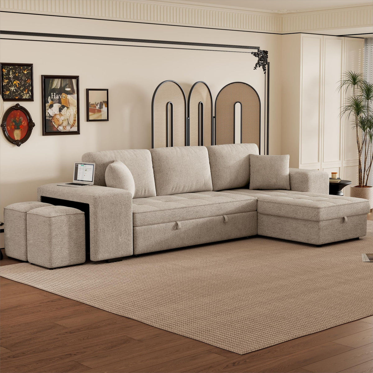 Modern L-Shape 3 Seat Reversible Sectional Couch, Pull Out Sleeper Sofa With Storage Chaise And 2 Stools For - view 11