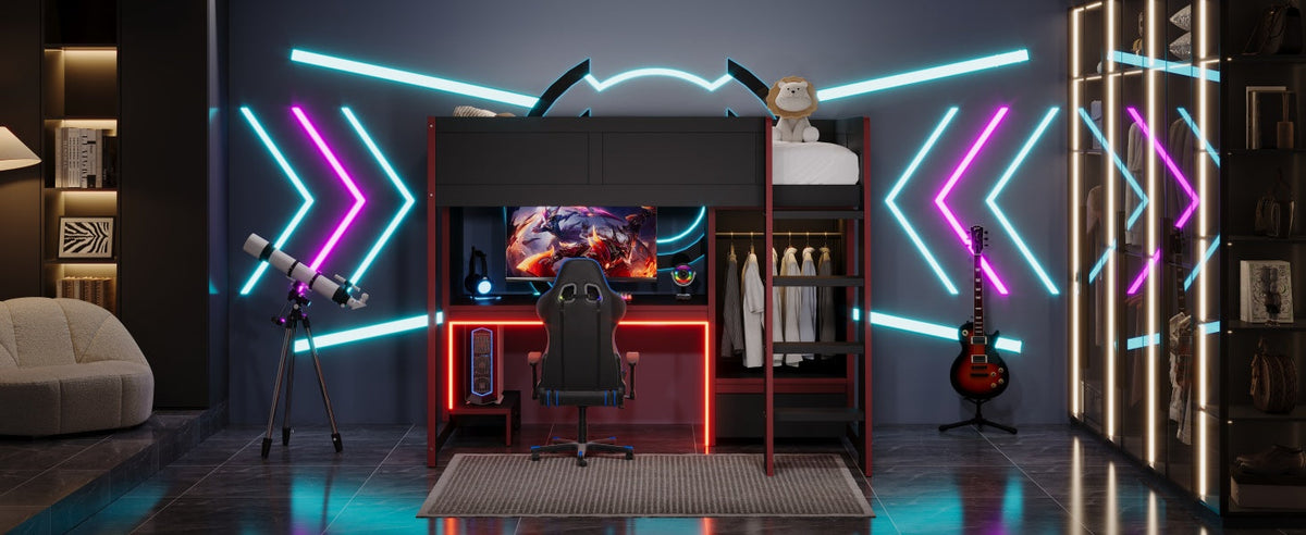 Wood Twin Size Gaming Loft Bed with Built-in Desk, Wardrobe, LED and a Drawer