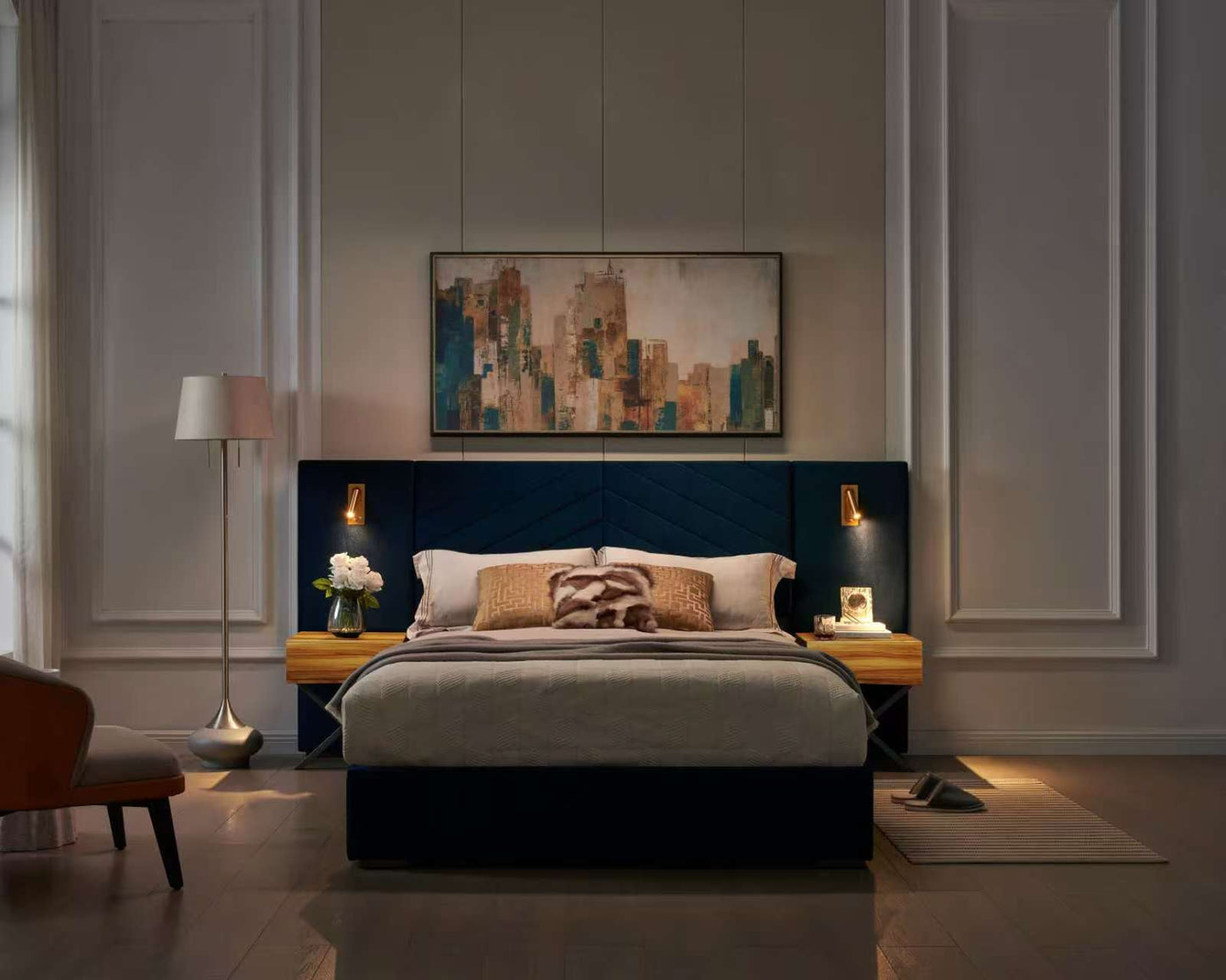 King Size Velvet Bed Frame with Vertical Channel Tufted Wingback Headboard