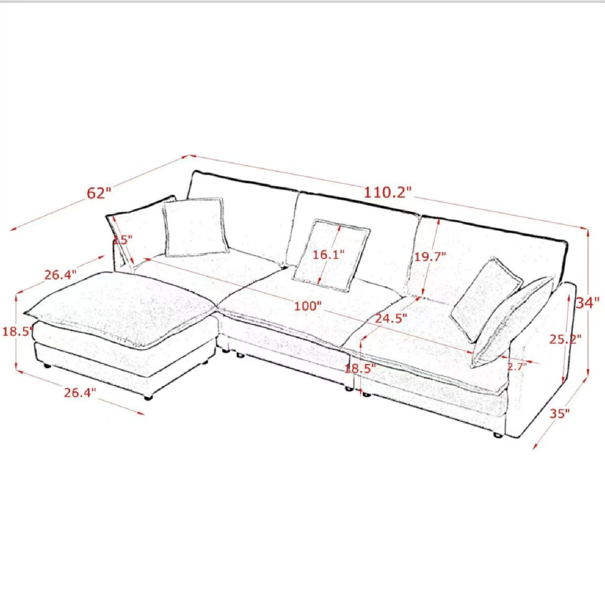 L-Shaped Sectional Sofa With Ottoman, Convertible 4 Seater Couch - view 6