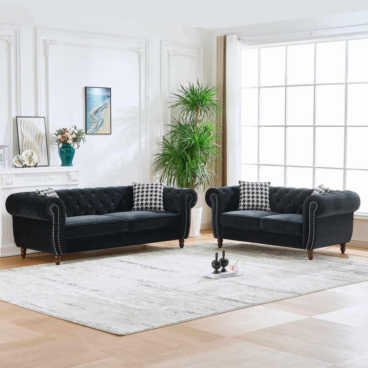 Chesterfield 3 And 2 Seater Upholstery Sofa With Roll Armrest & Nailhead Fabric Couch - view 6