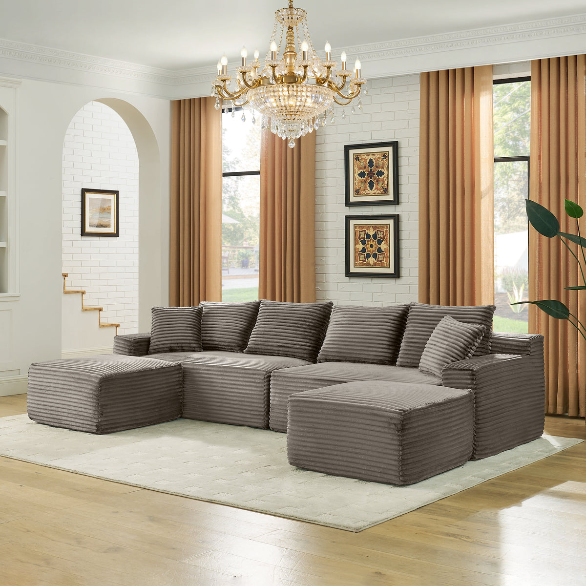 115" U-Shaped Sectional Couch with Plush Boneless Corduroy - Brown