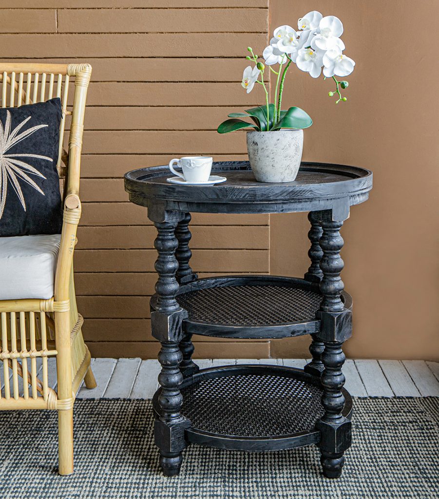 Round Three Tiered Side Table with Rattan Shelf