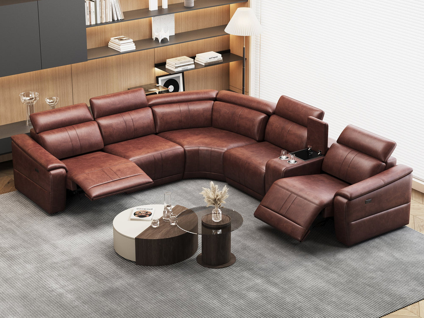 6-Piece Modular Leather Sofa with 2 Cup Holders