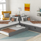 L-Shaped Platform Bed with Trundle and Built-In Desk - Gray