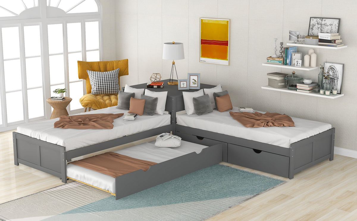 L-Shaped Platform Bed with Trundle and Built-In Desk - Gray