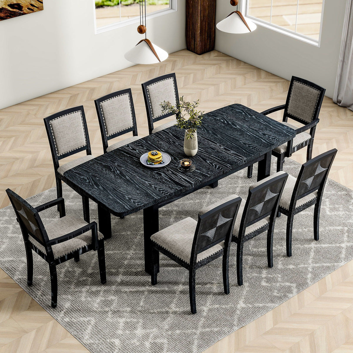 Topmax - Rustic Extendable Dining Table Set With Removable Leaf, 6 Upholstered Armless Dining Chairs And 2 - view 5