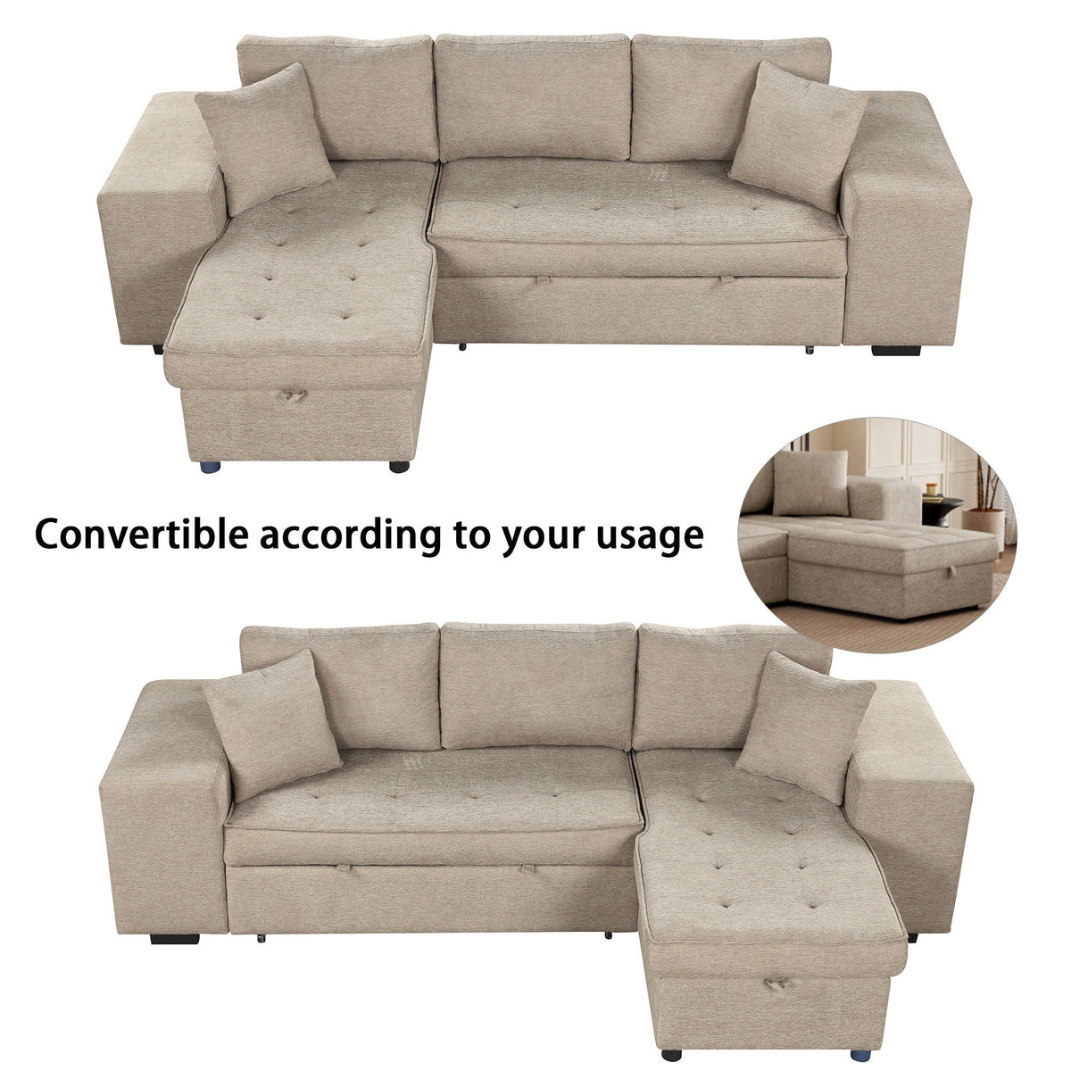 Modern L-Shape 3 Seat Reversible Sectional Couch, Pull Out Sleeper Sofa With Storage Chaise And 2 Stools For - view 12