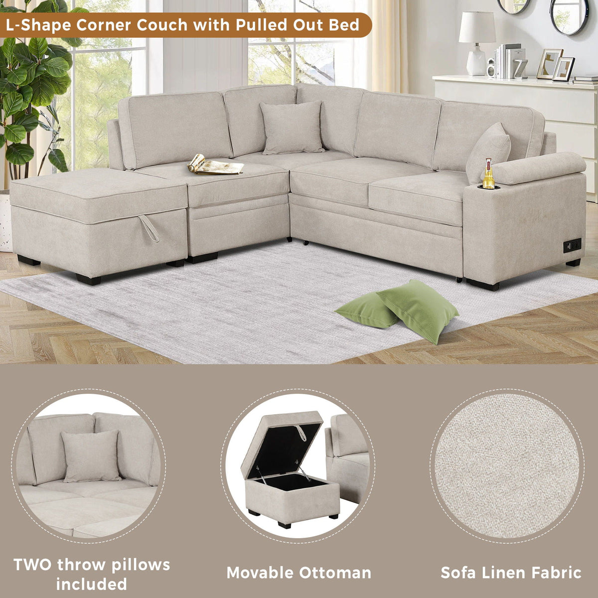 Sleeper Sofa Bed, 2 In 1 Pull Out Sofa Bed L Shape Couch With Storage Ottoman For Living Room, Bedroom Couch - view 14