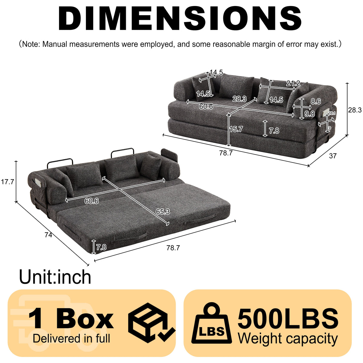 78.7-Inch Convertible Sleeper Sofa Bed with Cylindrical Pillow