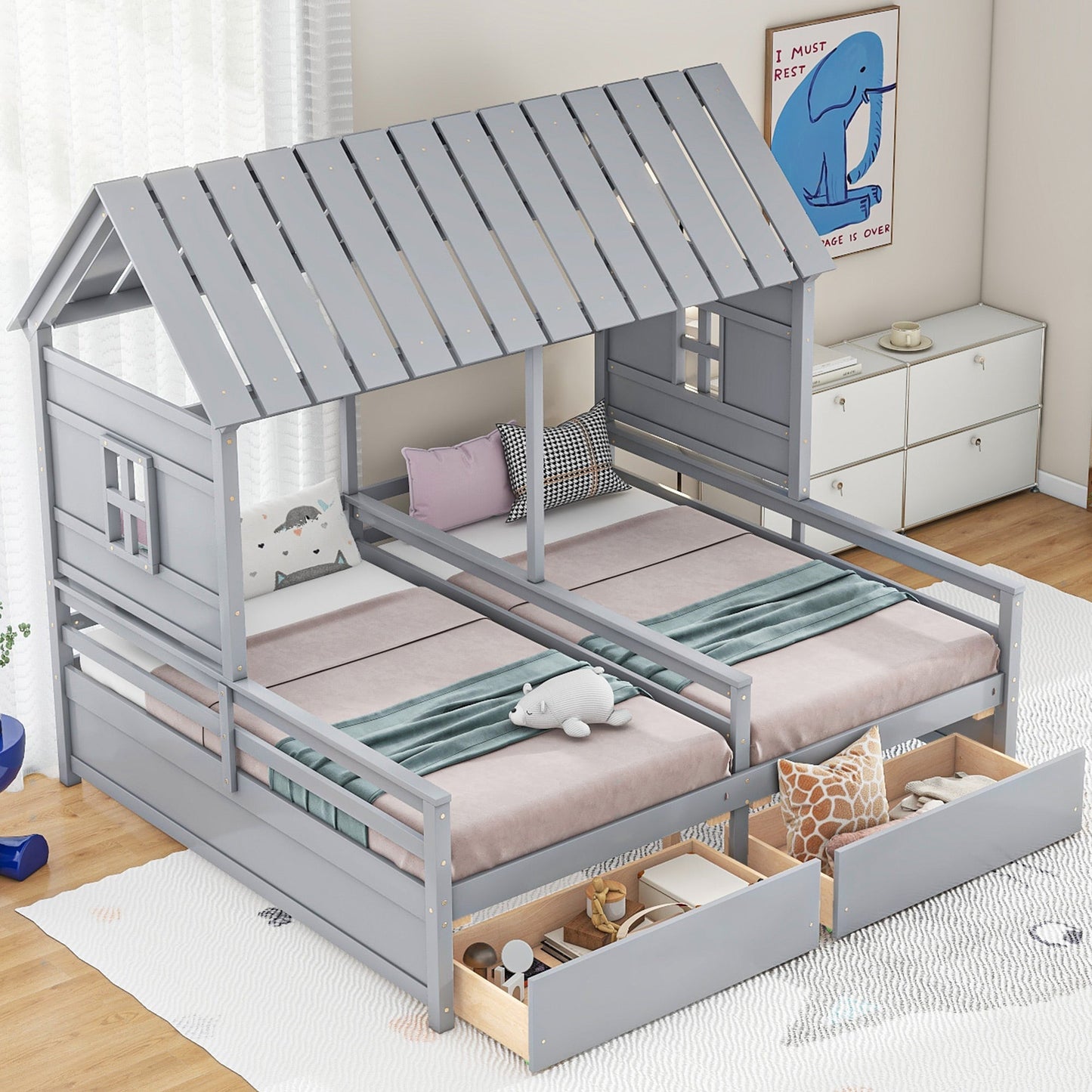 Twin Size House Platform Beds with Storage Drawers