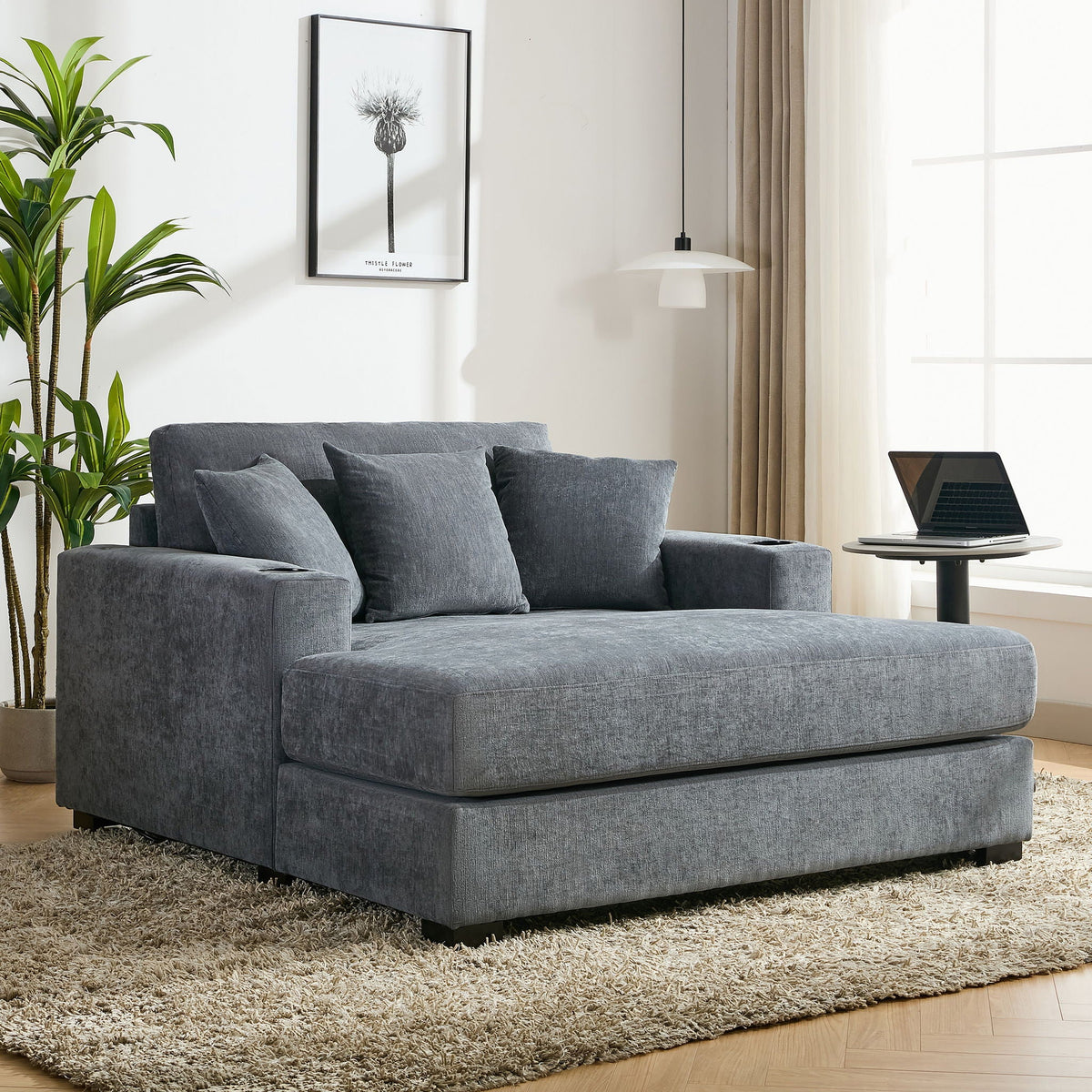 Oversized Chaise Lounger Modern Style Sofa Couch, With Pillows, Charge Station & Cup Holders - view 3
