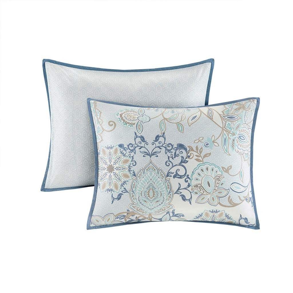 8 Piece Cotton Floral Printed Reversible Comforter Set Blue