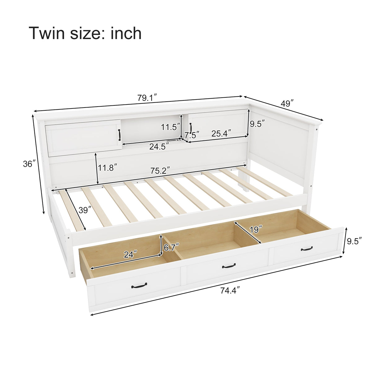 L-Shaped Bed Frame with Drawer and Bookcase