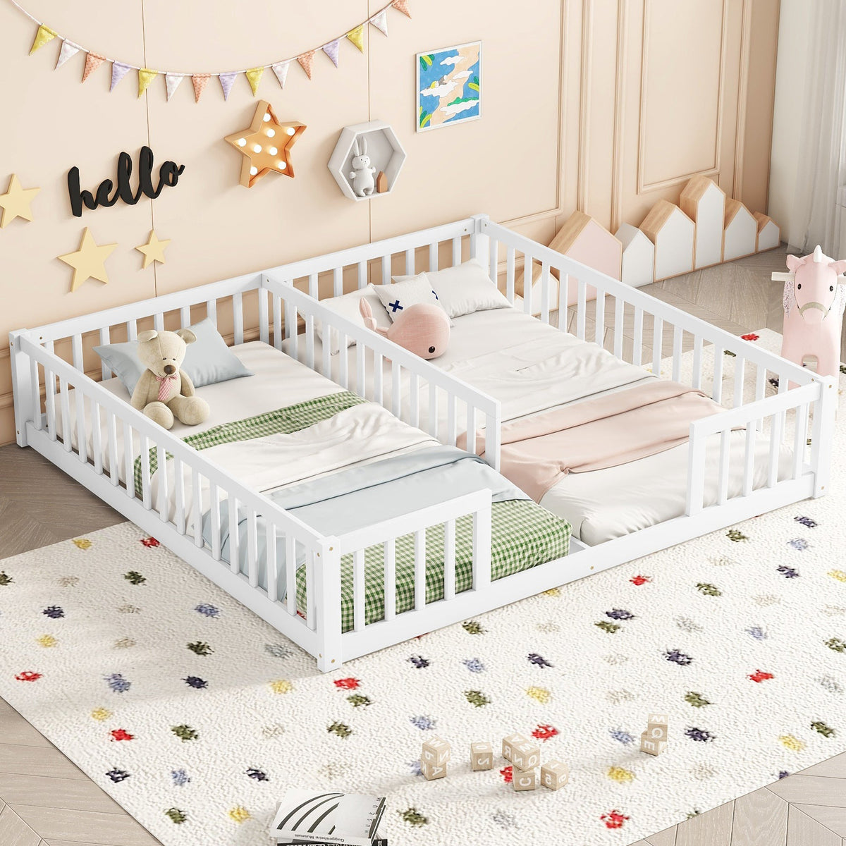 Double Twin Floor Bed with Fence, Guardrails, without Door