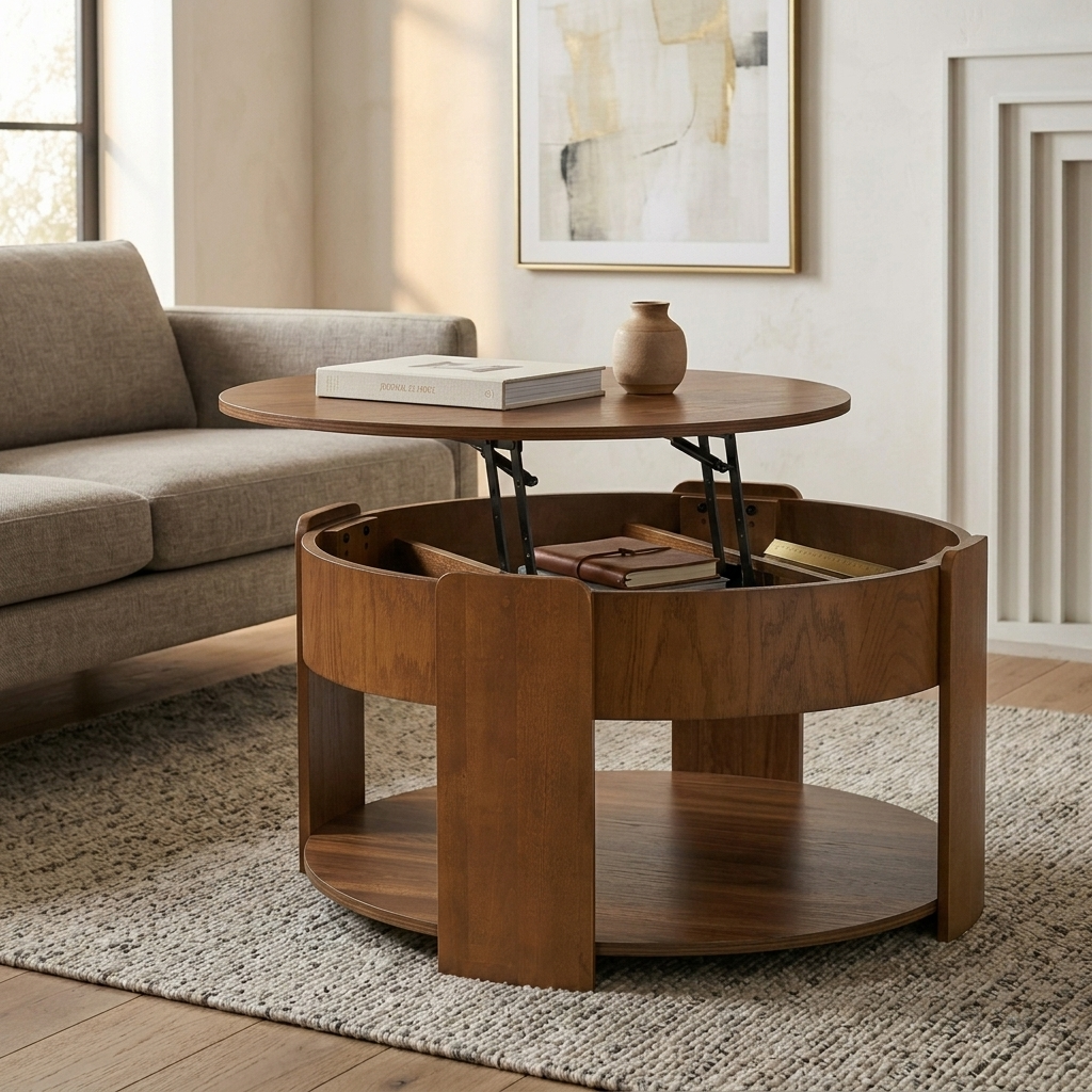 Farmhouse Round Lift Top Coffee Table with Hidden Storage - Wood Grain