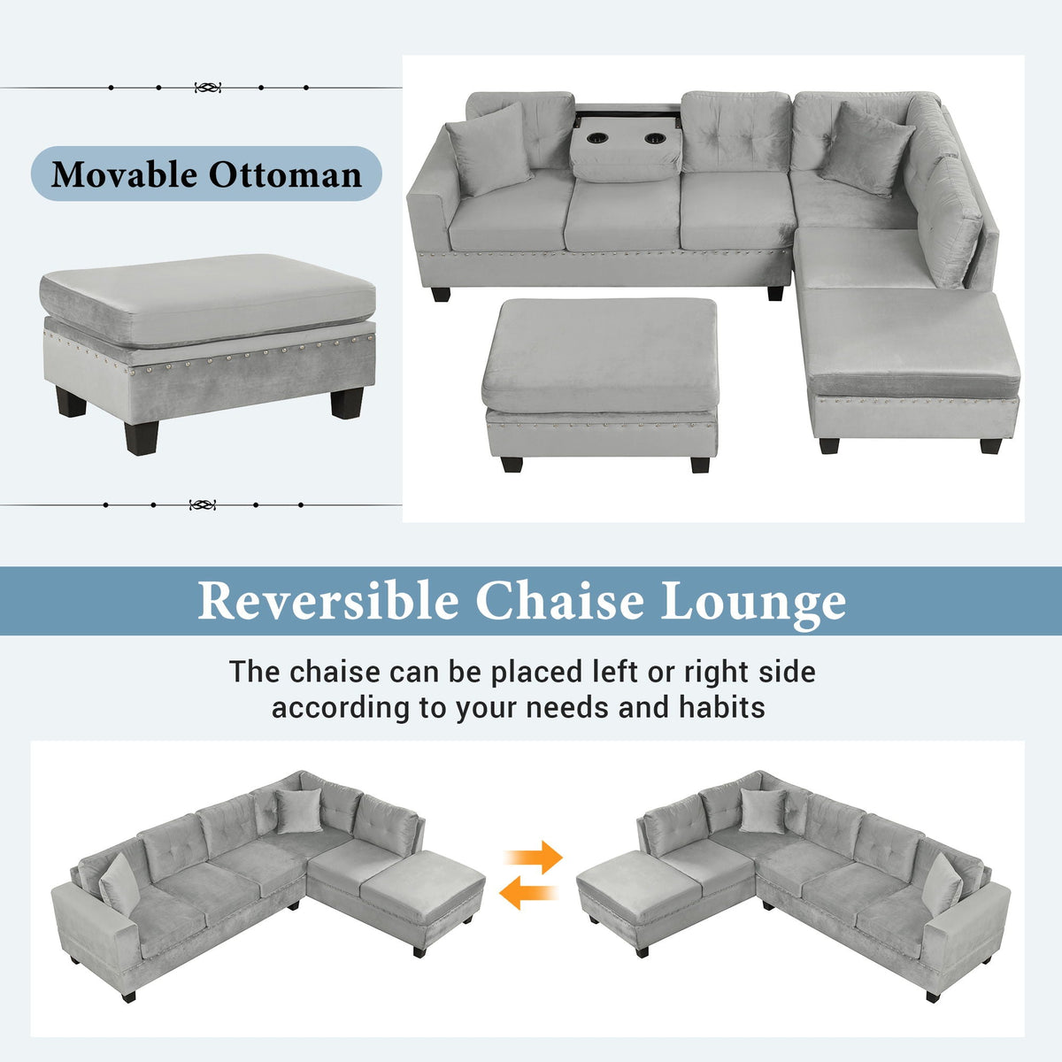 Modern Sectional Sofa With Storage Ottoman, L - Shape Couch With 2 Pillows And Cup Holders - view 7