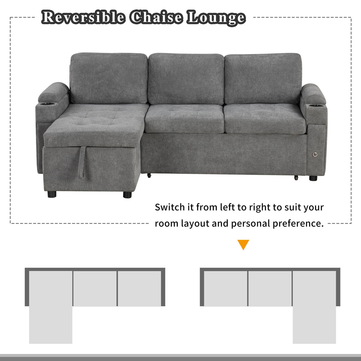 Convertible L Shaped Sofa Couch With Storage, Cup Holders, USB Ports - view 10