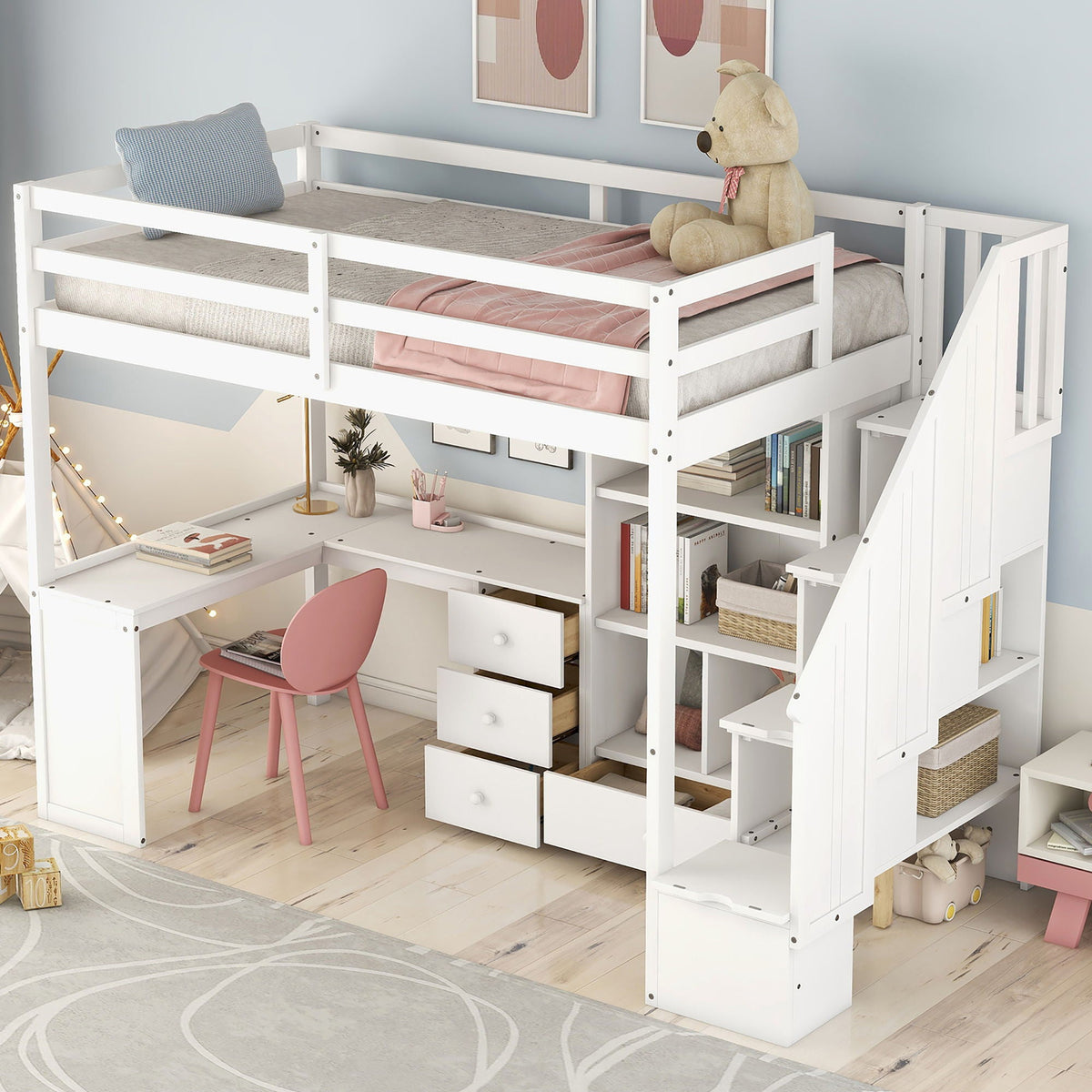 Loft Bed With L Shaped Desk, Drawers, Cabinet, And Storage Staircase - view 7